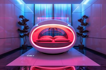 Futuristic bedroom with neon lighting, featuring a unique, modern bed design surrounded by plants, creating a cozy and stylish ambiance.