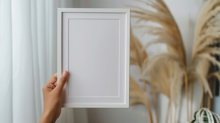 A person's hand is holding an empty white minimalist photo frame, smooth fingers and a clean frame are clearly visible, Ai Generated Images