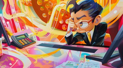 Detailed illustration of a Financial Officer in the workplace with spreadsheets and charts