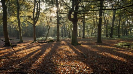Fototapeta premium Sunlight filters through a serene forest with tall trees casting long shadows, creating a peaceful and enchanting autumn atmosphere.