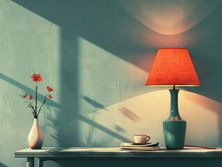 Serene still life of a table with a vase, flowers, a cup, and a lamp casting warm light in a cozy room.