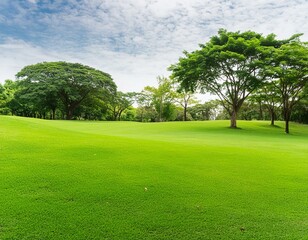 Fototapeta premium Green lawn and trees background with copyspace. Nature background concept.