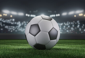 Fototapeta premium Soccer ball on a stadium blurred background. 3D image.