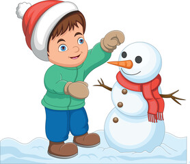 Little boy building a snowman cartoon