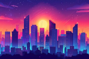 Fototapeta premium Vibrant city skyline during sunset with colorful sky, showcasing modern skyscrapers and a stunning blend of urban architecture and nature.
