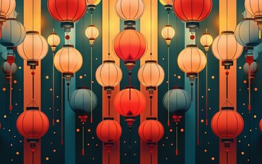 Vibrant display of traditional lanterns in various colors creating a festive atmosphere during a cultural celebration.