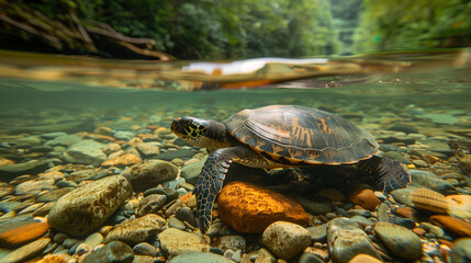 A Flatback Turtle is in the river, the details of its unique flat shell and webbed feet are clearly visible, Ai Generated Images