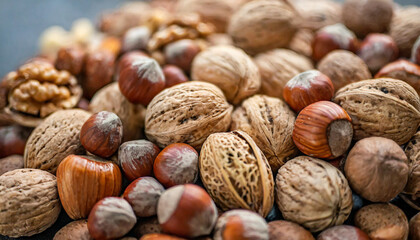 Assorted nuts piled together, symbolizing abundance and variety, fill the background in this vibrant stock photo
