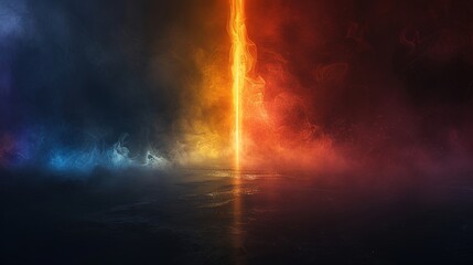 Empty futuristic dramatic sci-fi scene. Reflection of neon lights on wet asphalt. Dark background. Generative AI