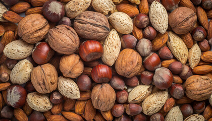 Assorted nuts piled together, symbolizing abundance and variety, fill the background in this vibrant stock photo