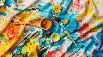 A variety of fabrics and flowers, including electric blue petals and roses, are arranged on a table alongside fictional characters and fractal art AIG50