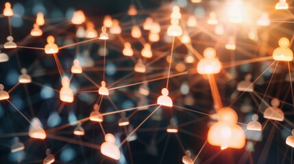 "Glowing web of connected people icons, representing social networking, communication, and connectivity in a digital network."