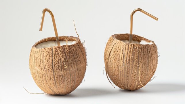 Two halved coconuts with inserted straws, ready for drinking on a white background, evoking tropical refreshment and relaxation.