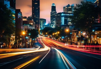 illustration, dynamic urban street time lapse, city, movement, traffic, pedestrians, cars, buildings, lights, bustling, cityscape, motion, modern, rush