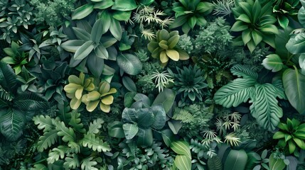 A vibrant collection of various green foliage and plants, creating a lush, dense, and beautifully textured natural background.