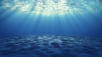 Majestic Underwater scene of deep blue water sea, Underwater sandy seafloor and reflected rays of sunlight below water surface. ocean, sea life.