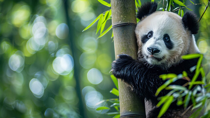 A giant panda hanging from a bamboo tree, with a cute facial expression, Ai generated Images