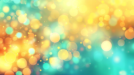An abstract blur bokeh banner background with vibrant yellow and turquoise bokeh lights, evoking a cheerful, sunny atmosphere.