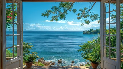 The open window of the villa offers a view of the sea. An idyllic picture of relaxation and tranquility. Generative AI © kovalovds