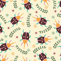 Beetle seamless pattern in flat vector
