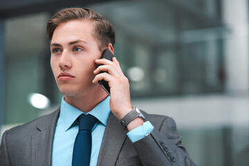 Business man, phone call and thinking in office for corporate deal, consulting or communication for company. Face, employee and feedback with smartphone, conversation and thoughtful for negotiation