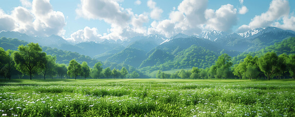Green grass stretches under a blue sky, a scenic landscape framed by fluffy clouds, mountains, and trees - Powered by Adobe