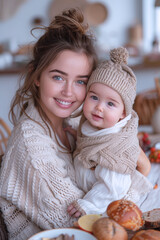 Obraz premium A happy Australian mother holding her baby in her arms at healthy dining room