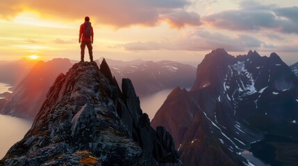 A hiker stands on a cliff edge, admiring a breathtaking mountain landscape at sunset, capturing the...