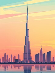 Obraz premium Exploring the Dubai Skyline with Burj Khalifa in Mesmerizing Flat Design