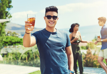 Man, happy and portrait with sunglasses or drink in outdoor balcony on summer holiday for luxury,...