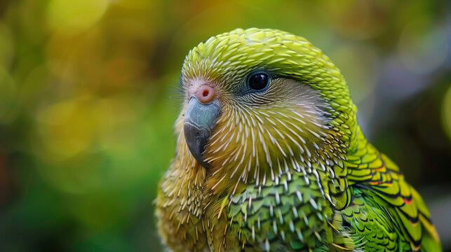 Kakapo bird with a blurred background, the details of its unique green and yellow feathers are clearly visible, its cute facial expression, Ai Generated Images