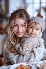 Obraz premium A happy German mother holding her baby in her arms at healthy dining room