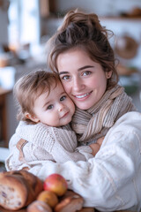 Obraz premium A happy German mother holding her baby in her arms at healthy dining room