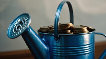 Blue metal watering can filled stacks gold coins investments nurturing and financial growth