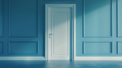 Closed door white on blue wall background, banner, copy space