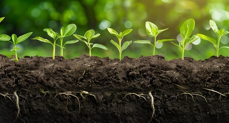 Close up view of the soil cross section with roots and young green plant growths growing in rows on top, stock photo, photorealistic, green background, banner for garden center store website