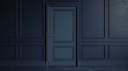 Closed door white on dark navy blue wall background, banner