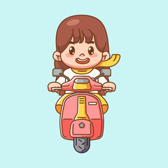 Cute woman girl riding scooter kawaii chibi character mascot illustration outline style design