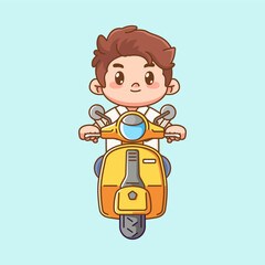 Cute boy riding scooter kawaii chibi character mascot illustration outline style design