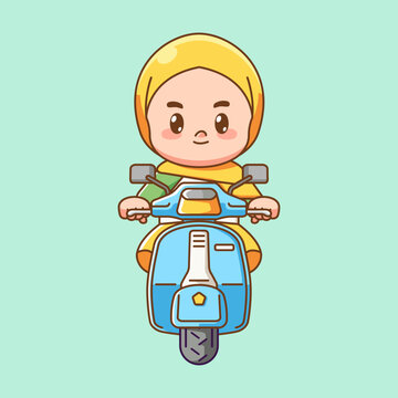 recommend clip art: Cute hijab girl riding scooter kawaii chibi character mascot illustration outline style design