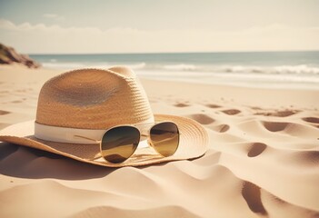  A white sun hat and sunglasses on a sandy beach with the ocean and blue sky in the background - Powered by Adobe