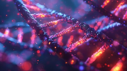 A close-up, colorful depiction of a DNA double helix structure, illuminated in vibrant reds and blues, representing genetic science and biotechnology.