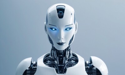 A robot with blue eyes and pink lips stands in front of a white background