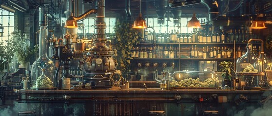 A vintage distillery setup with copper equipment, glass containers, and a variety of plants in an...
