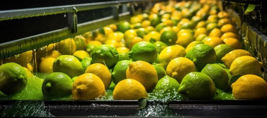 conveyor dripping with lemons, soft edges and atmospheric effects, warmcore, exacting precision, eco friendly craftsmanship,