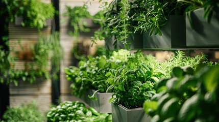 Fototapeta premium A stylish indoor garden setup with various herbs and leafy greens growing in vertical planters, highlighting urban agriculture, and leaving ample copy space for text or design elements