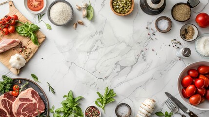 A top view of a modern kitchen counter showcasing plant-based meat alternatives, with neatly arranged ingredients and cooking utensils, leaving blank space for text or branding
