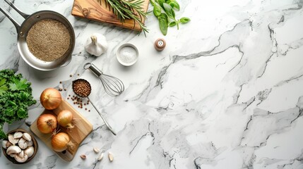 A top view of a modern kitchen counter showcasing plant-based meat alternatives, with neatly arranged ingredients and cooking utensils, leaving blank space for text or branding