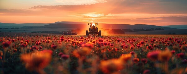 A tractor working in a colorful flower field during a stunning sunset, capturing the beauty of agriculture and nature together.