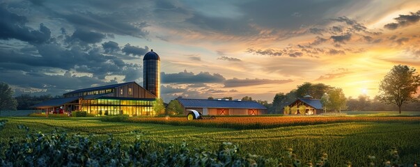 Beautiful sunset over a picturesque farm landscape with lush fields and a charming barn, capturing the serene rural countryside ambiance. - Powered by Adobe